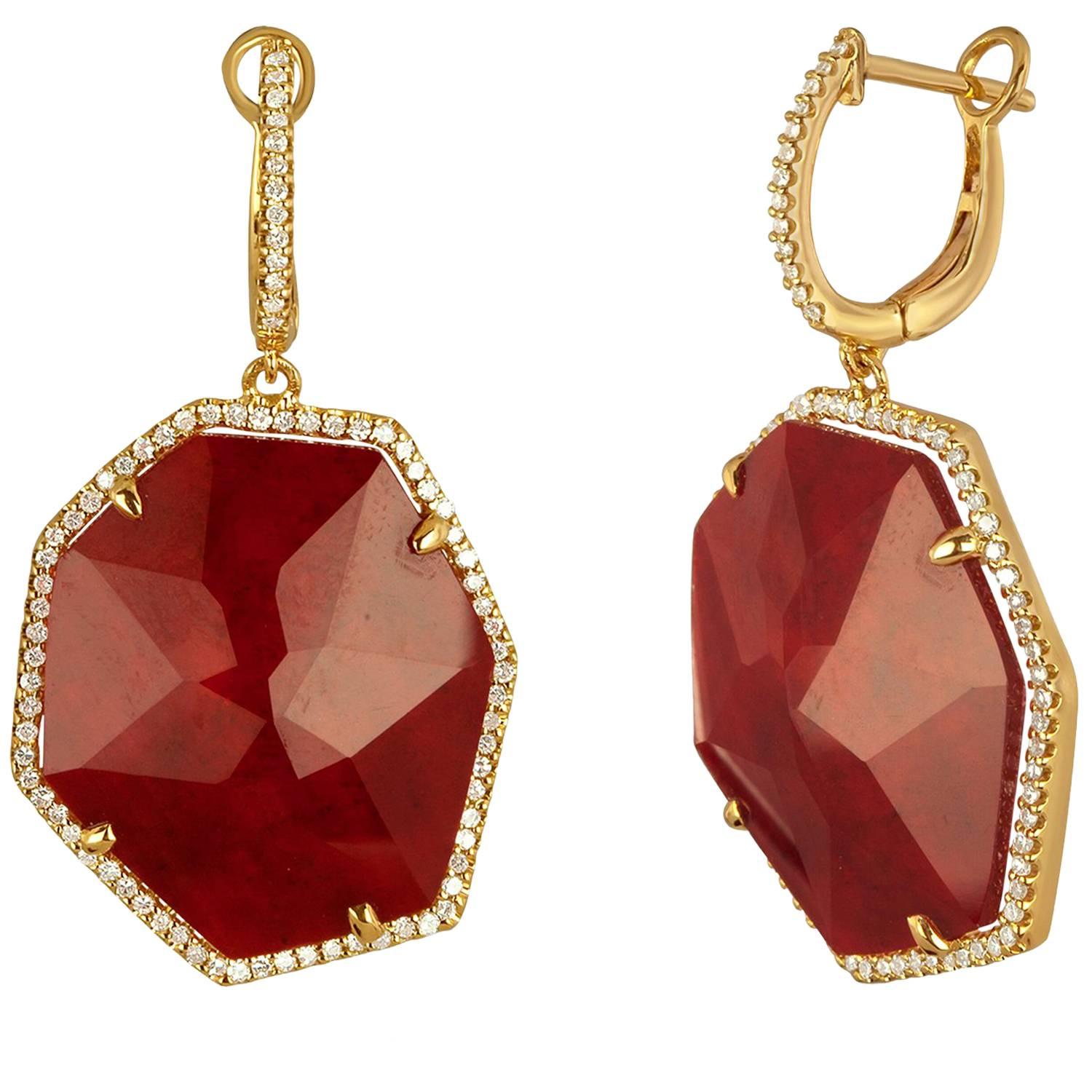Doublet 20.47 Carat Ruby Rock Crystal Diamond Gold Dangle Earrings