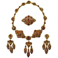 Antique Georgian 18K Gold Garnet Necklace Chandelier Earrings Set Cannetille