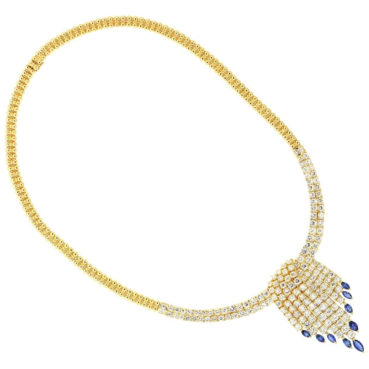 Diamond Sapphires Gold Necklace For Sale