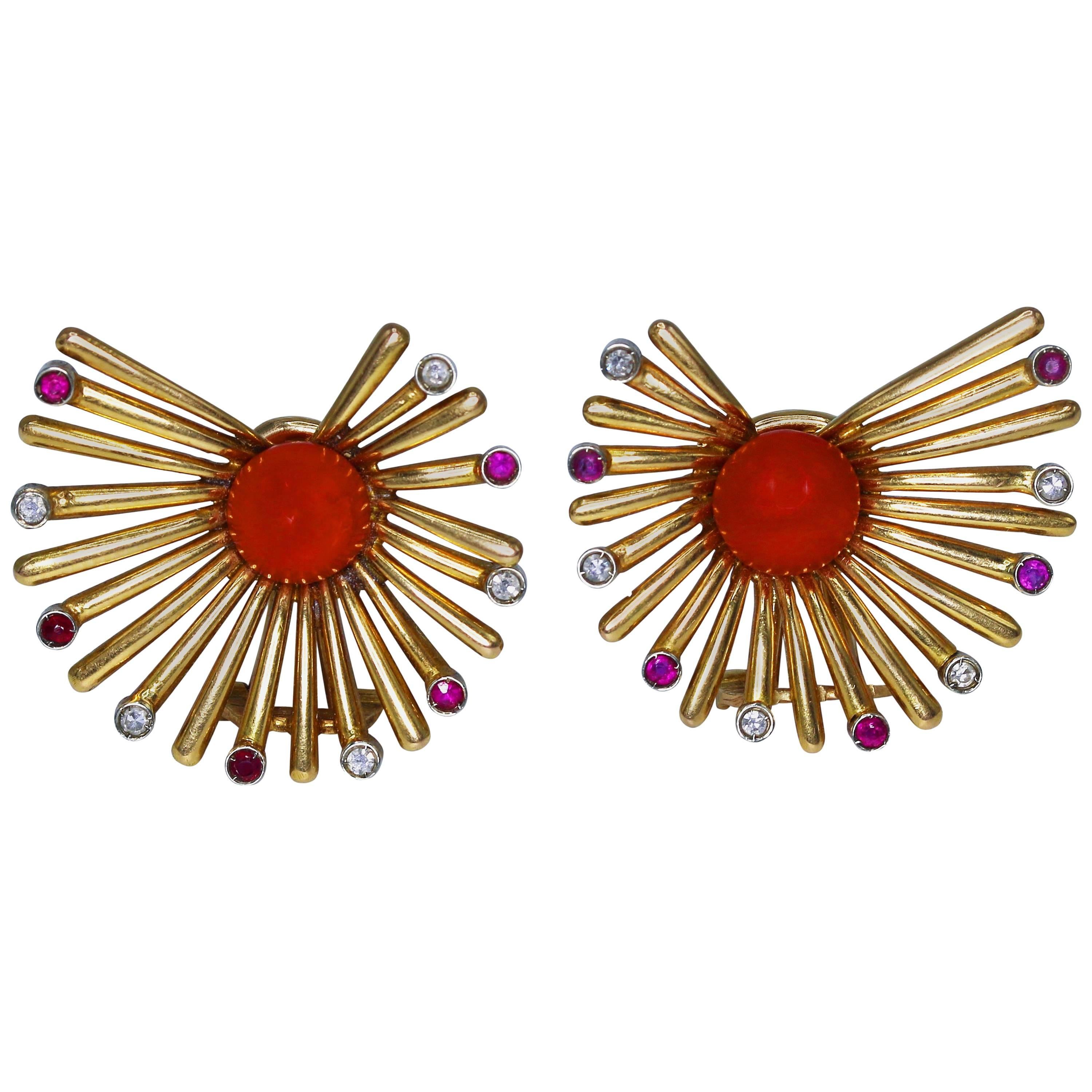 1950s Italian Coral, Diamond and Ruby Earclips