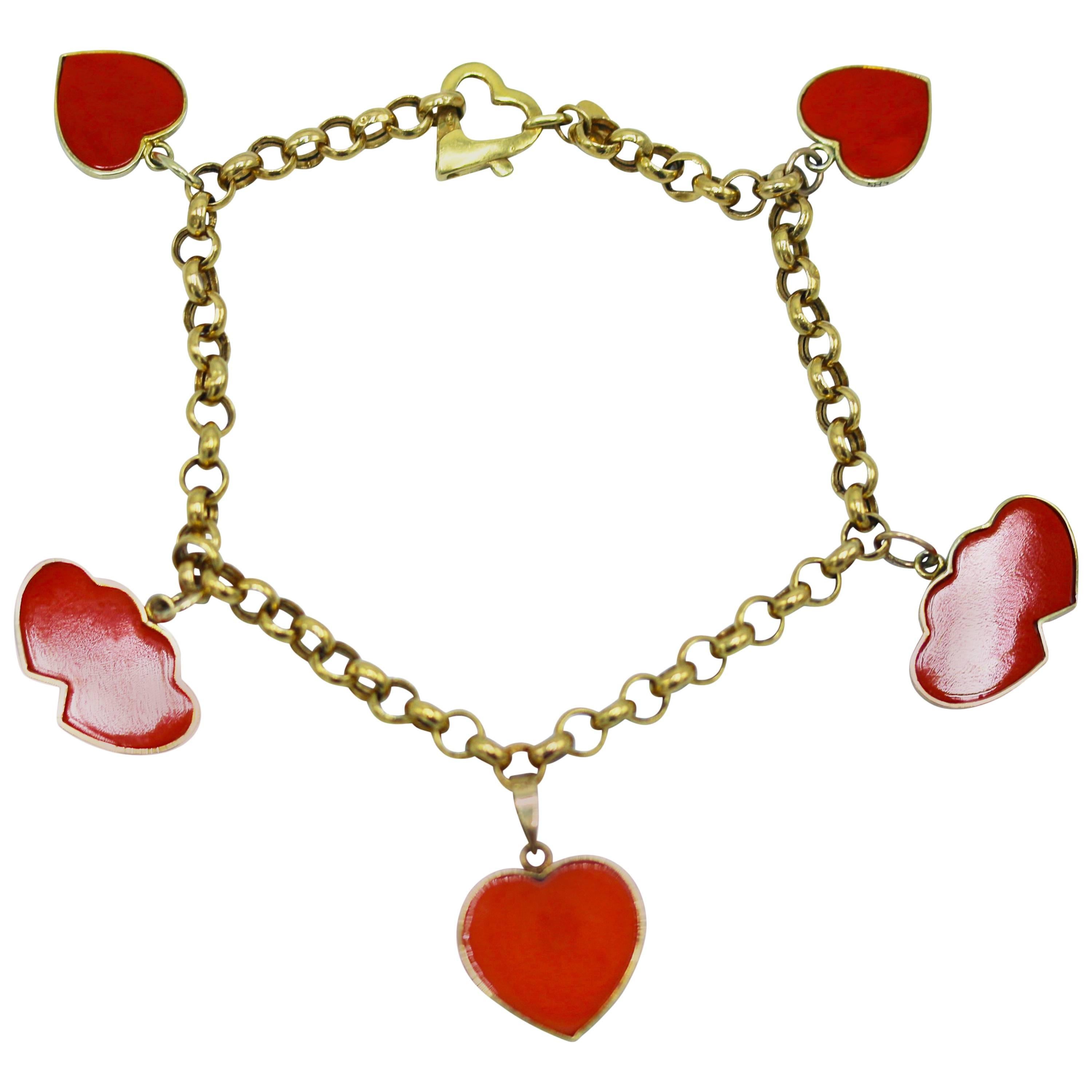 1960s Red Coral and Gold Charm Bracelet