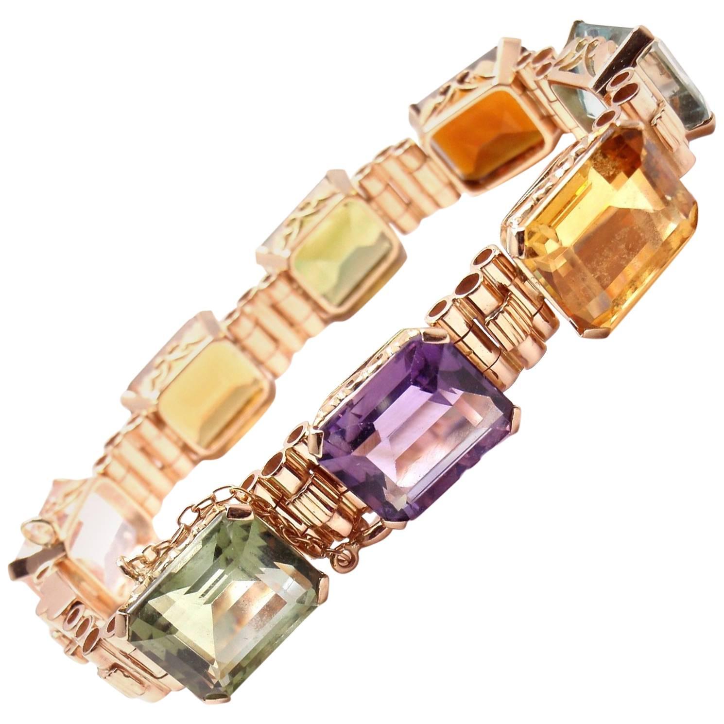 Estate Multi-Color Large Stone Topaz Amethyst Aquamarine Rose Gold Bracelet