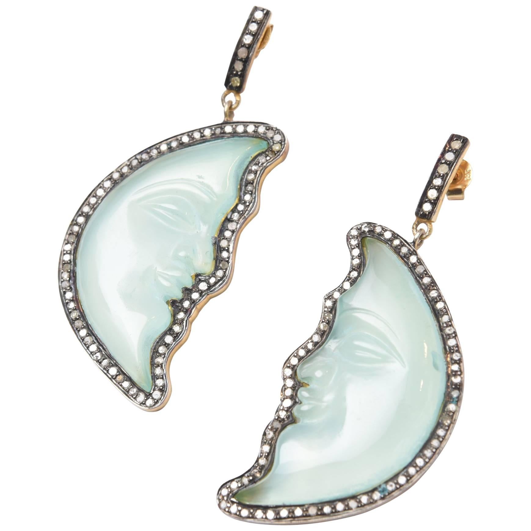 Man in the Moon Carved Chalcedony and Diamond Earrings