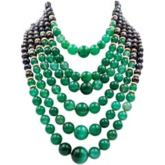 Chic Gold Green Onyx Black Pearl Multistrand Necklace