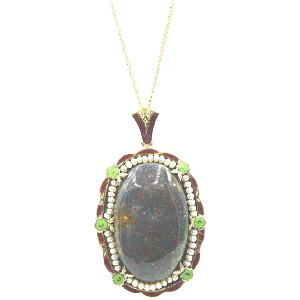 Antique Bloodstone Seed Pearl Enamel Gold Pendant Necklace