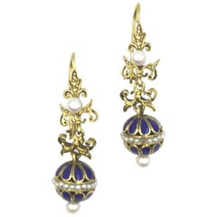 Vintage Enamel Pearl Gold Drop Earrings 11
