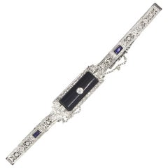 Art Deco Platinum Filigree Onyx Diamond Sapphire Bracelet