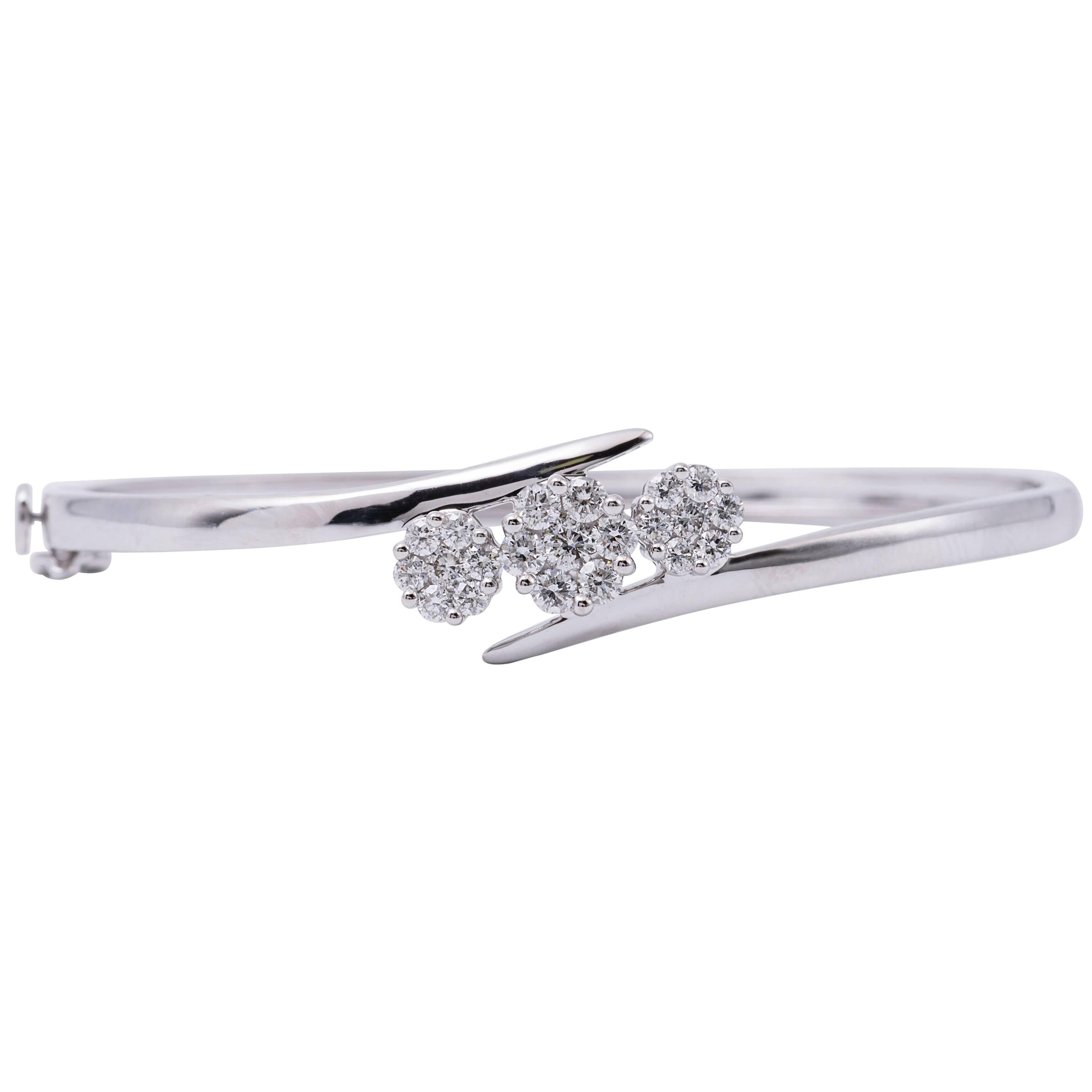 Round Diamond Cluster Bangle 1.04 Carats 14K White Gold For Sale