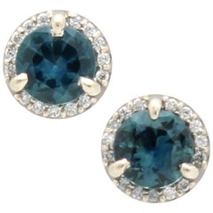 Montana Sapphire and Halo Diamond White Gold Stud Earrings