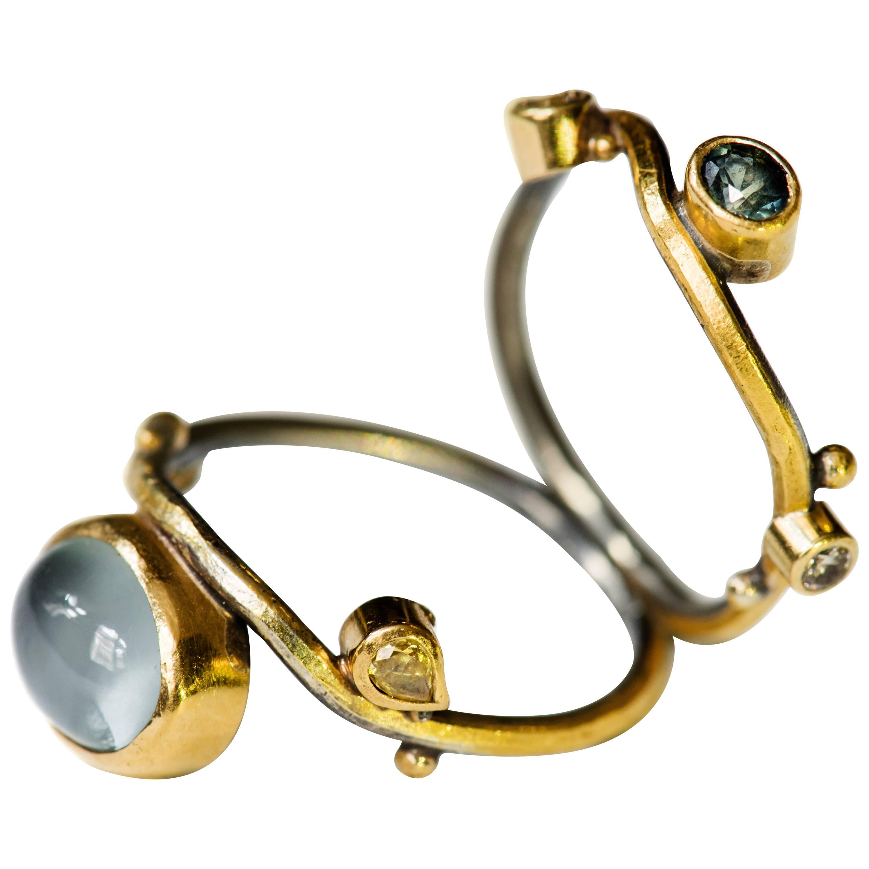 Bergsoe Silver Gold Aquamarine Sapphire Diamond Ring For Sale