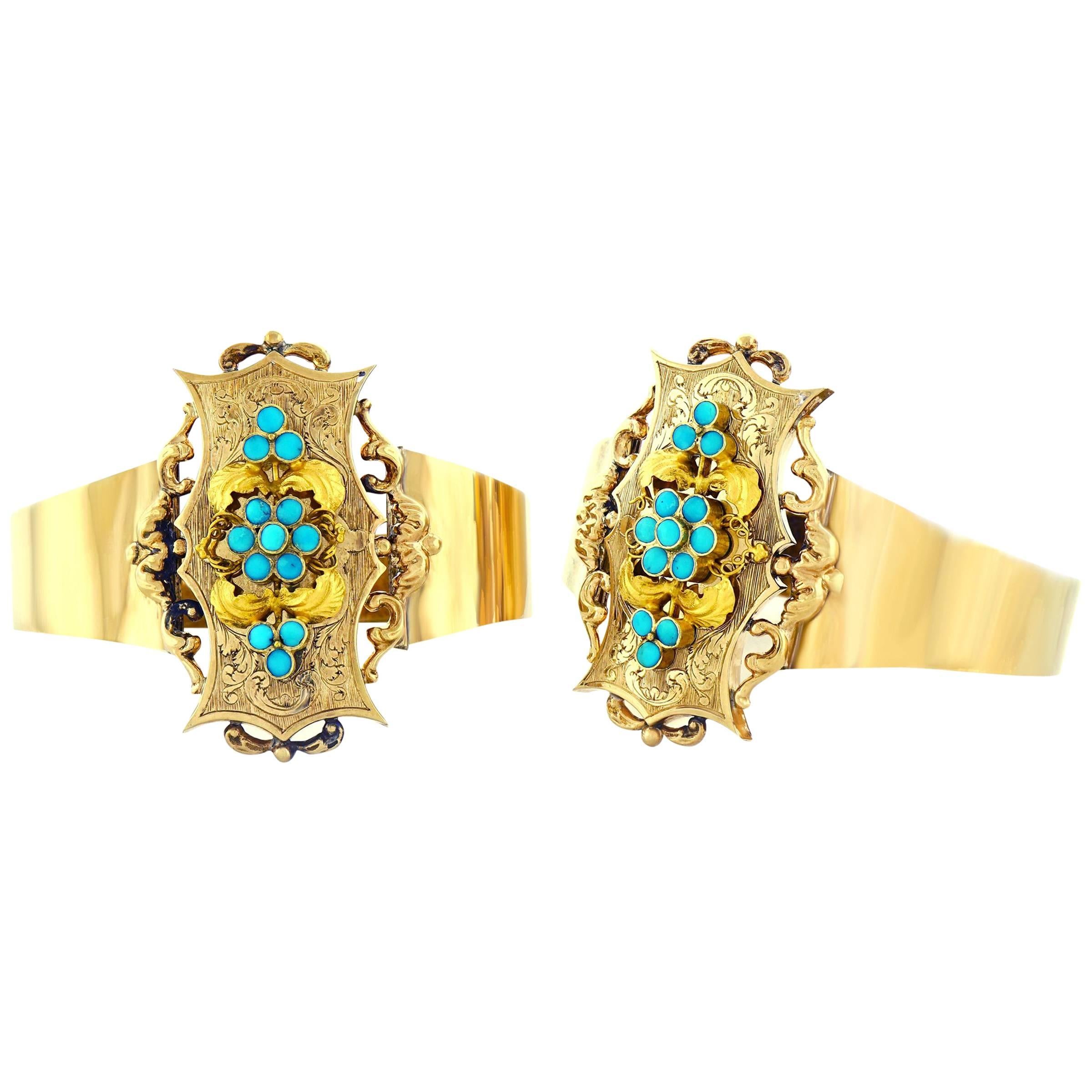 Pair of Antique Turquoise-Set Gold Bracelets