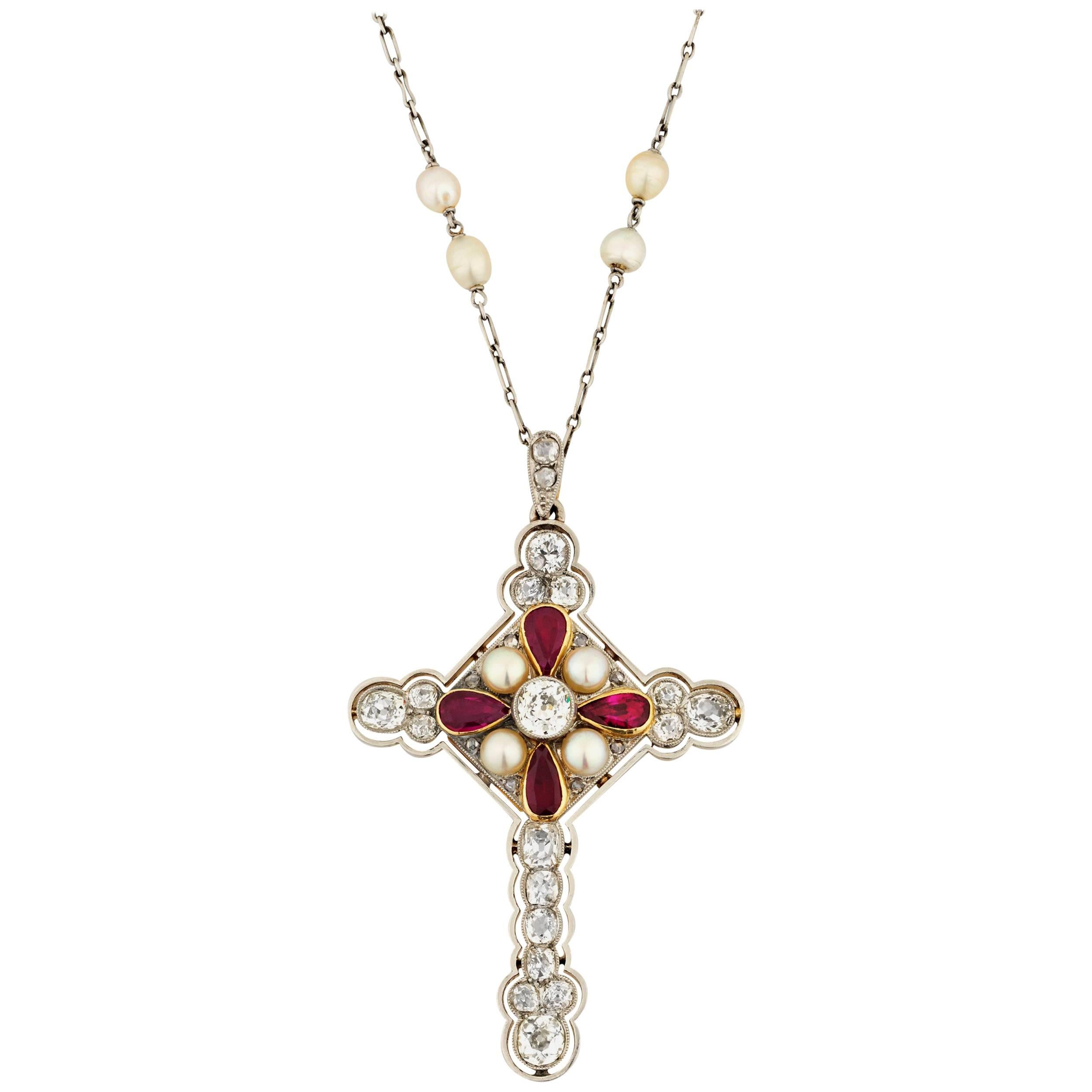Ruby and Diamond French Cross Pendant