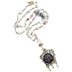 Collier en pâte d'argent, perles keishi, pierre kyanite, crystal et émail géorgien