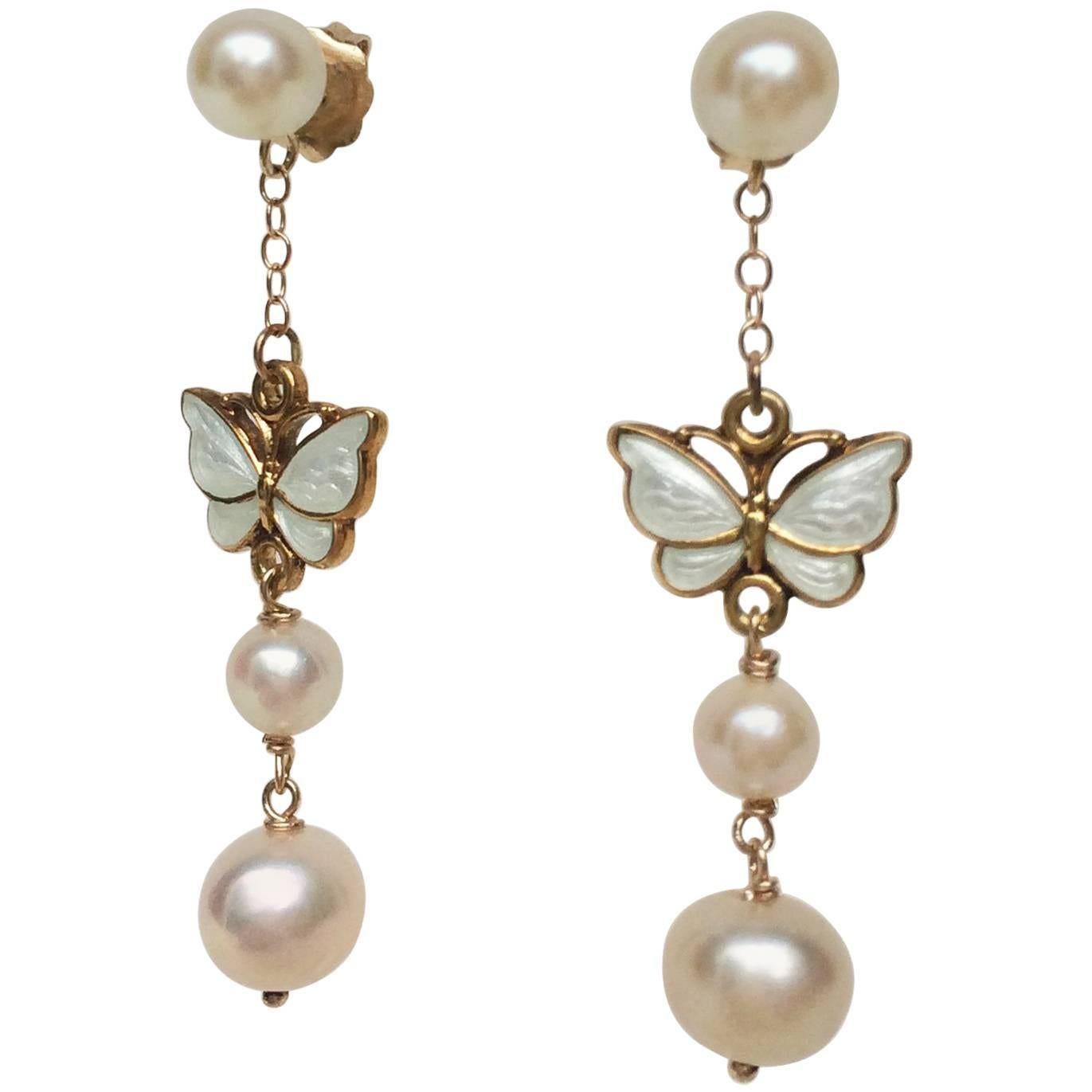 Marina J Pearl Earrings with Vintage White Enamel Butterfly and 14 k Yellow gold