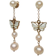 Marina J Boucles d'oreilles en perles avec papillon vintage en émail blanc et or jaune 14 carats