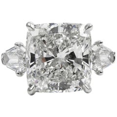 GIA Certified 8.44 Carat Cushion Diamond Platinum Three-Stone Ring by J Birnbach GIA Certified 8.44 Carat Cushion Diamond Platinum Three-Stone Ring by J Birnbach