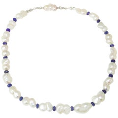 Iridescent Peanut Pearl and Tanzanite Rondel Necklace 9