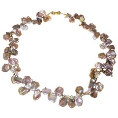 Brown-Rose Keshi Pearl Necklace with 18 Karat Double Heart Clasp 8