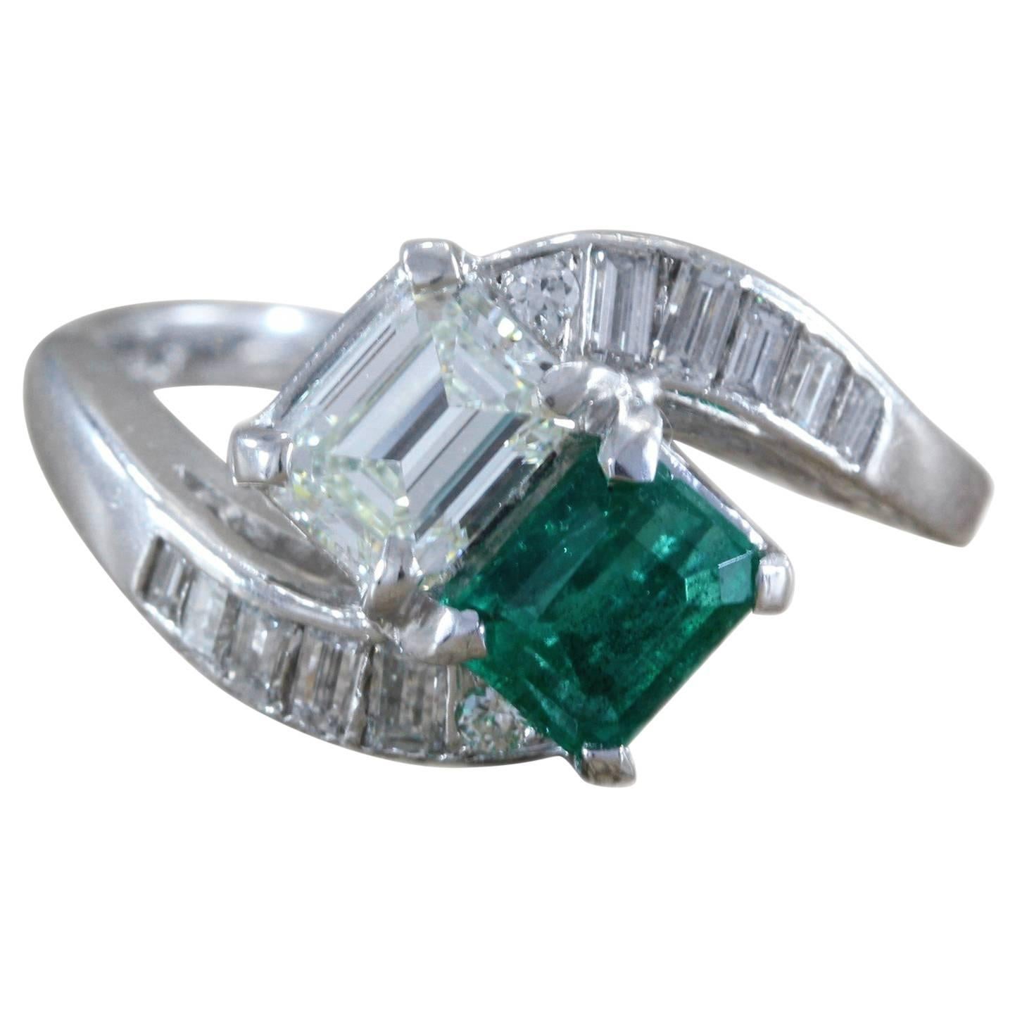 Diamond Emerald Platinum Bypass Ring