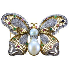 Diamond Multi-Color Gemstone Ruby Sapphire Emerald Pearl Gold Butterfly Brooch
