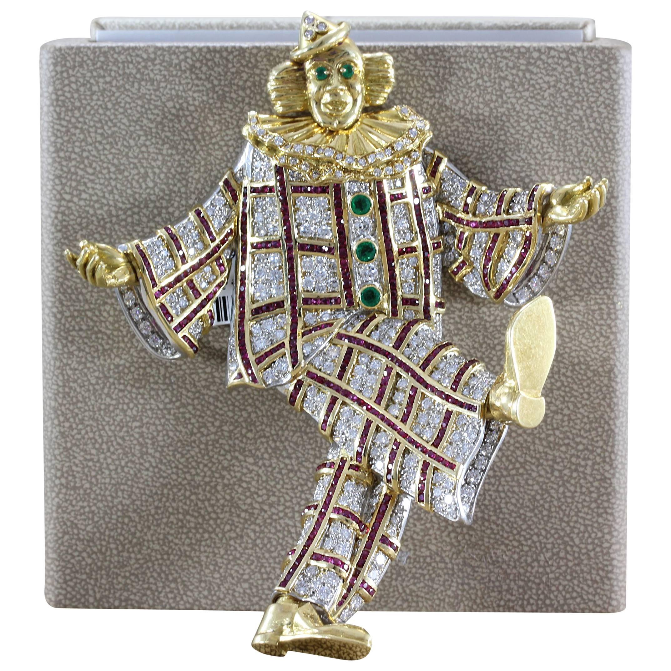 We aren’t clowning around here! This brooch features approximately 16 carats of VS quality full cut diamonds. 4.50 carats of vivid red rubies, set in 18K yellow gold and platinum, run up down and across the clowns gem studded suit. Half a carat of