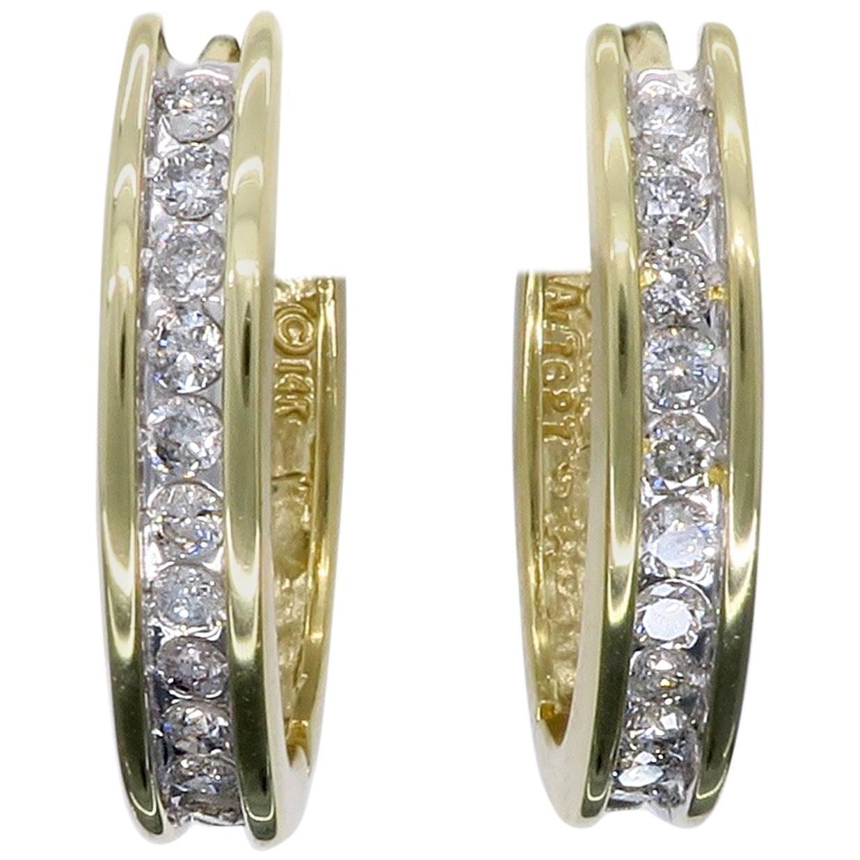  Diamond and Yellow Gold Hoop Earrings