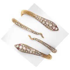 Circa 1960's Rose Cut Diamond Ruby Snake Bangle Bracelets