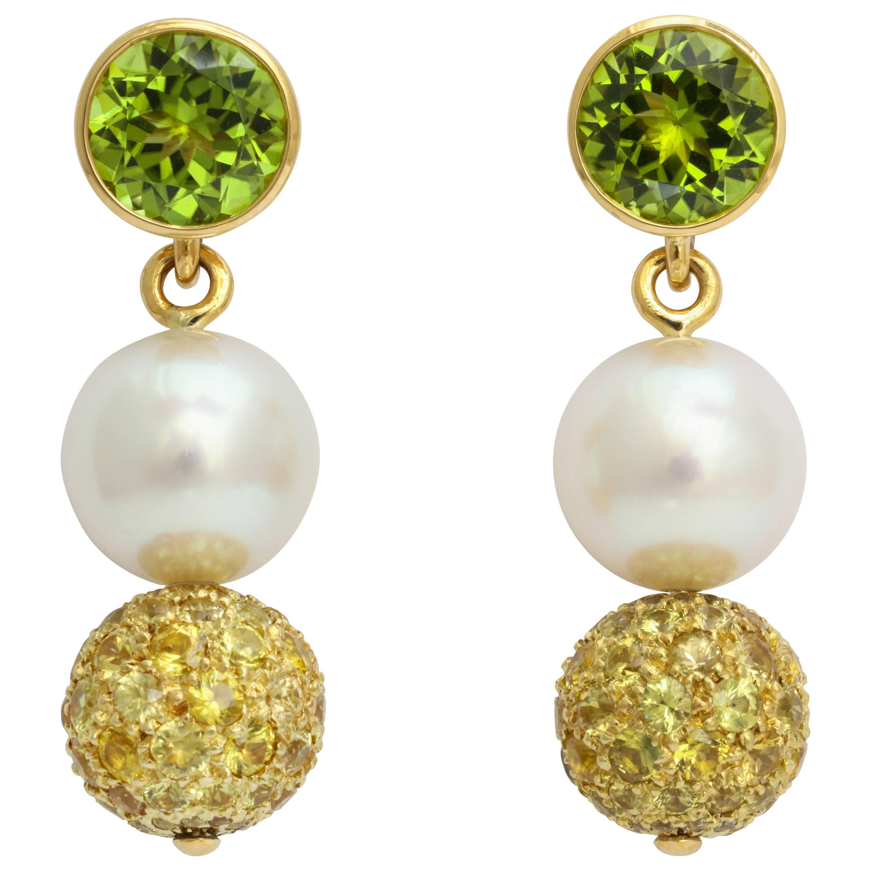 Donna Vock South Sea Cultured Pearl Peridot Yellow Sapphire Earrings