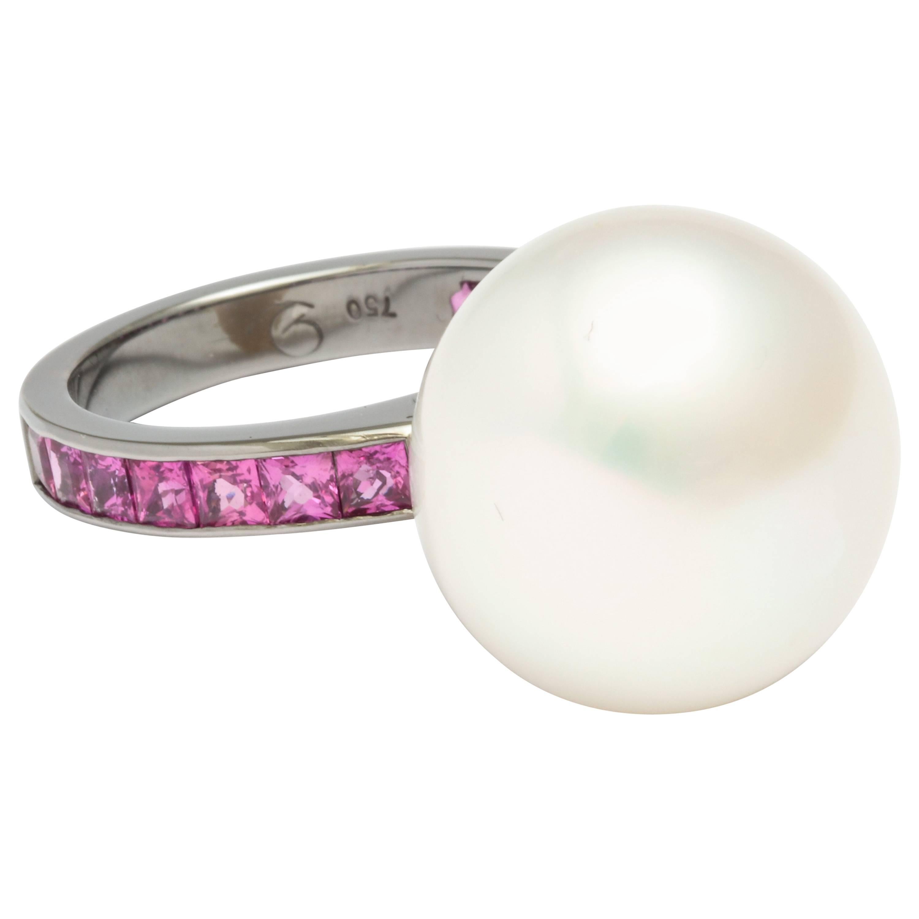 Donna Vock 18K Gold South Sea Cultured Pearl and Pink Sapphire Ring For Sale