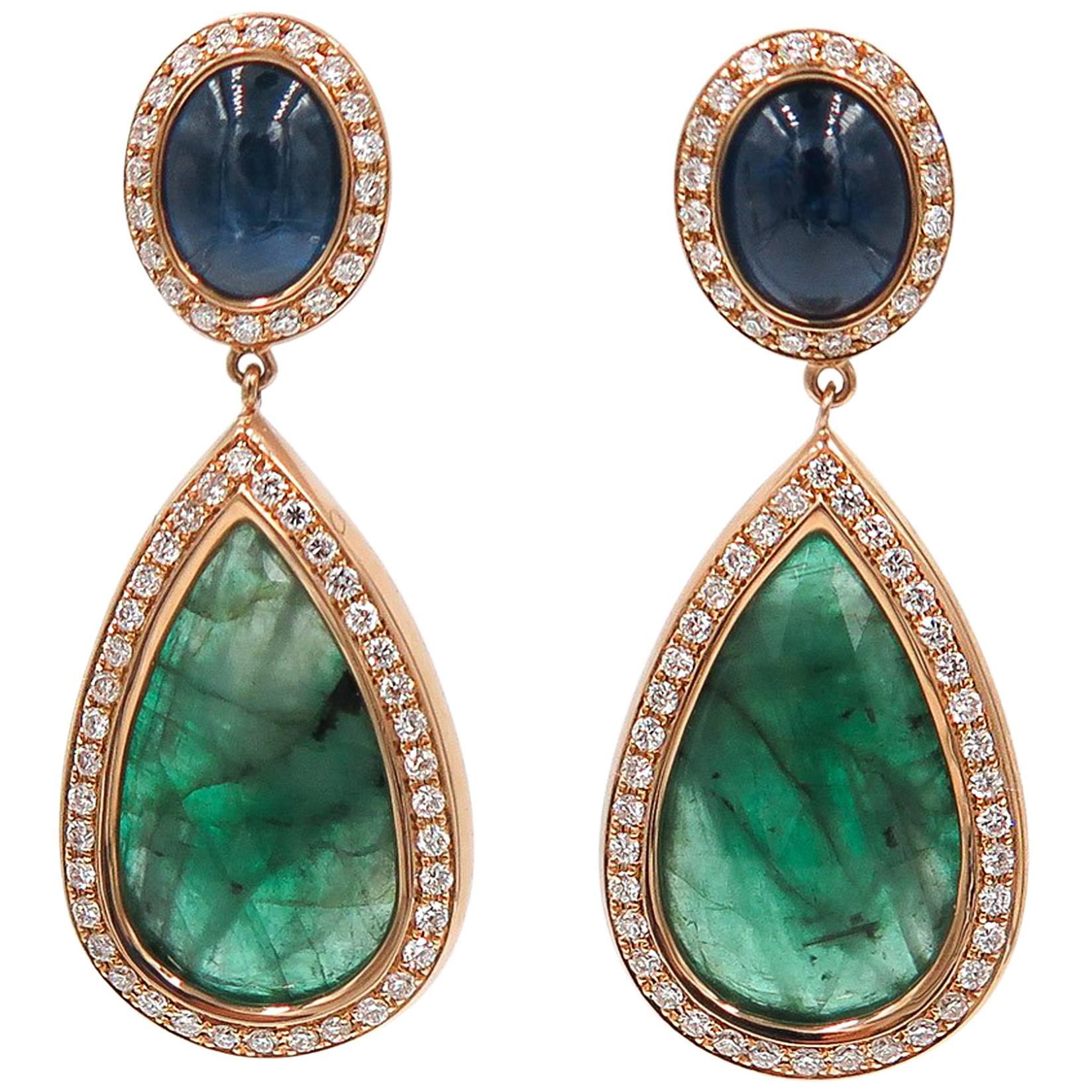 Emerald Sapphire Diamond Drop Earrings by Monseo
