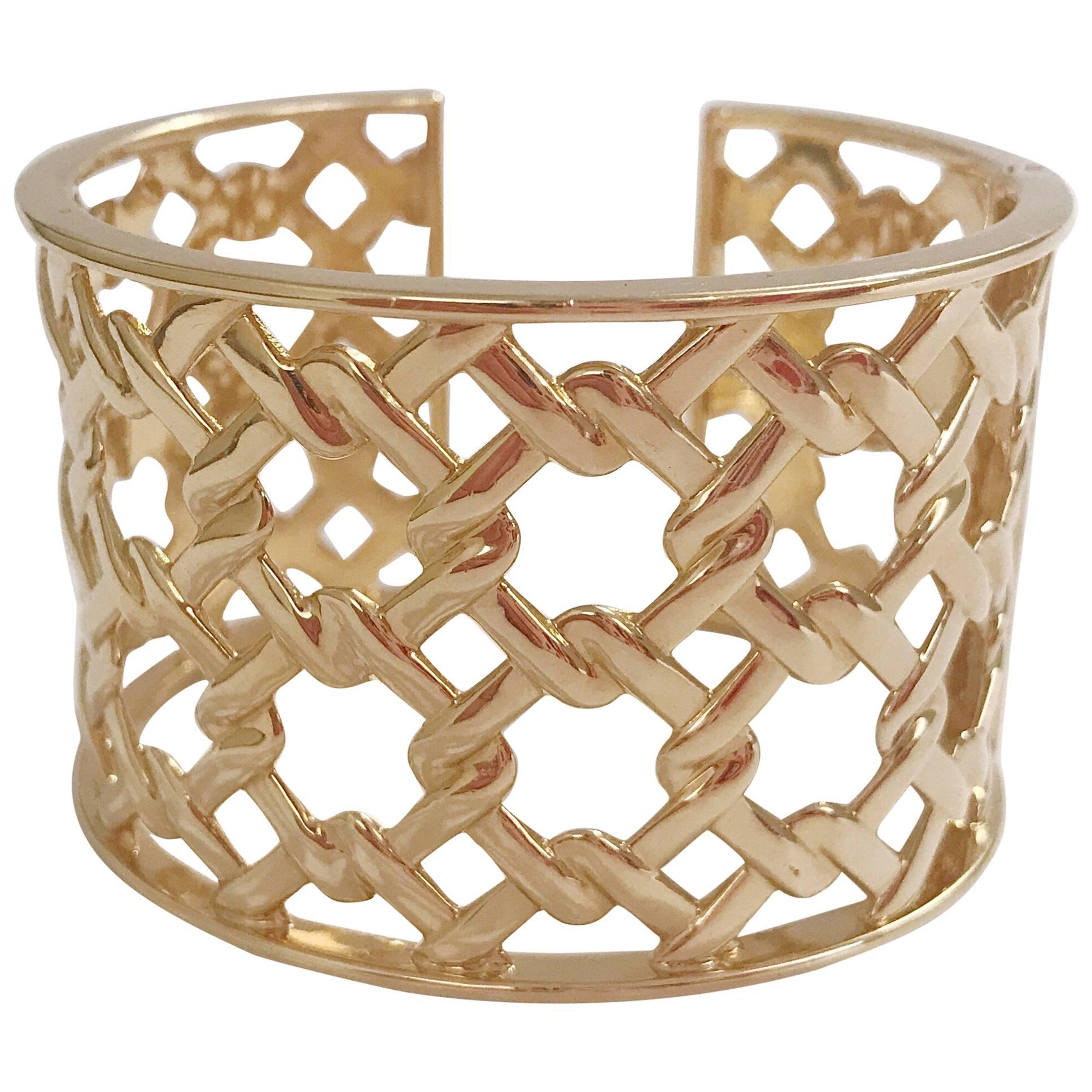 Basket Weave Yellow Gold Hinged Cuff Bracelet For Sale