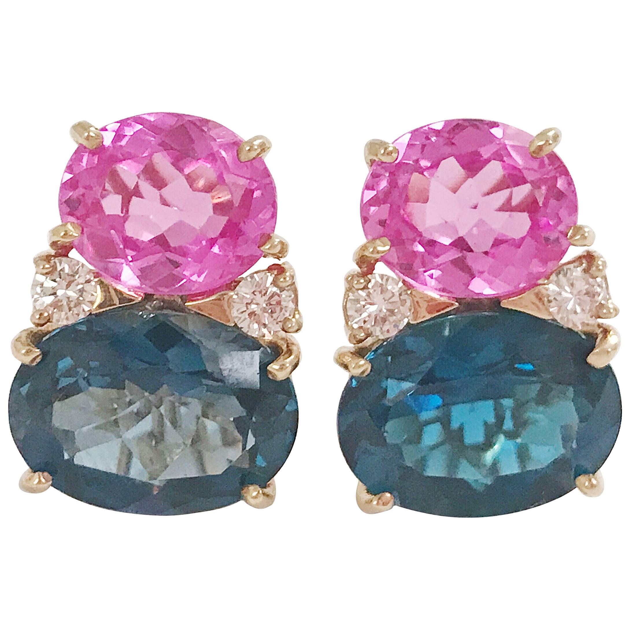 Large GUM DROP Earrings with Hot Pink and Deep Blue Topaz and Diamonds
