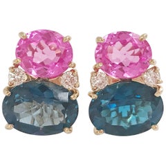 Large GUM DROP Earrings with Hot Pink and Deep Blue Topaz and Diamonds