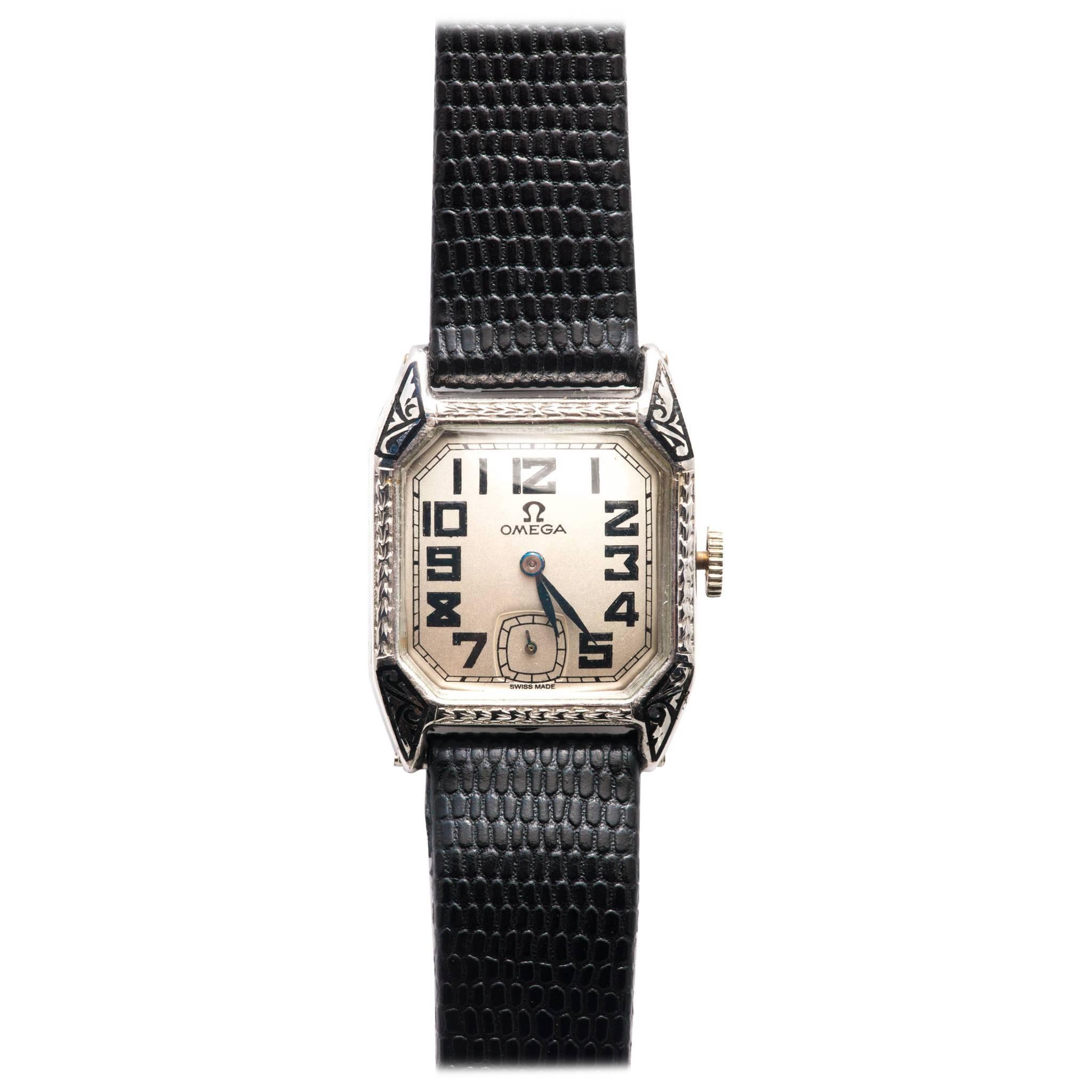 Omega White Gold Enamel Art Deco Wristwatch