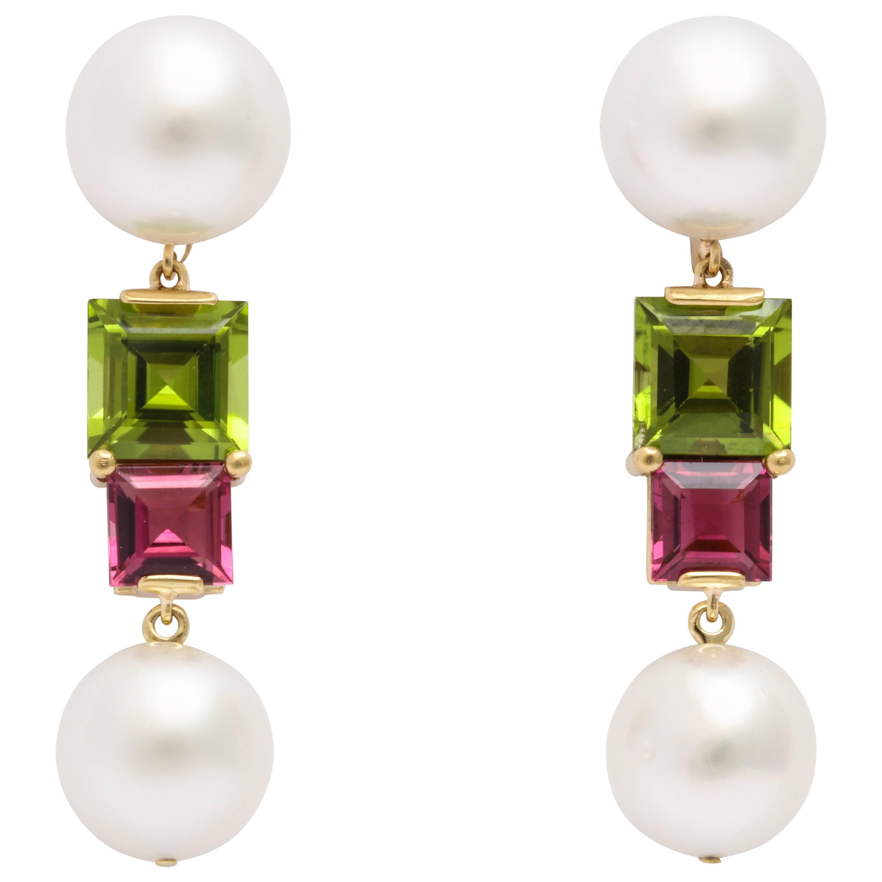 Donna Vock South Sea Cultured Pearl, Peridot and Pink Tourmaline Earrings 