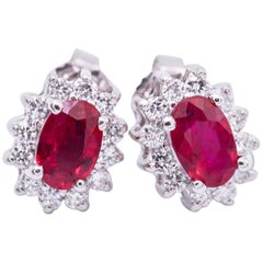 Oval Shape Ruby and Diamond Studs White Gold Earrings