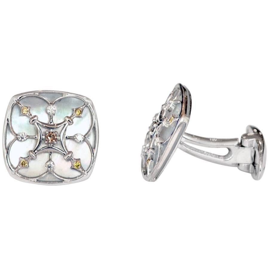 Marisa Perry Mother-of-Pearl Diamond Cufflinks in White Gold For Sale