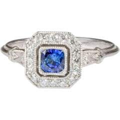 Bespoke Art Deco Style Sapphire Diamond Halo Engagement Ring