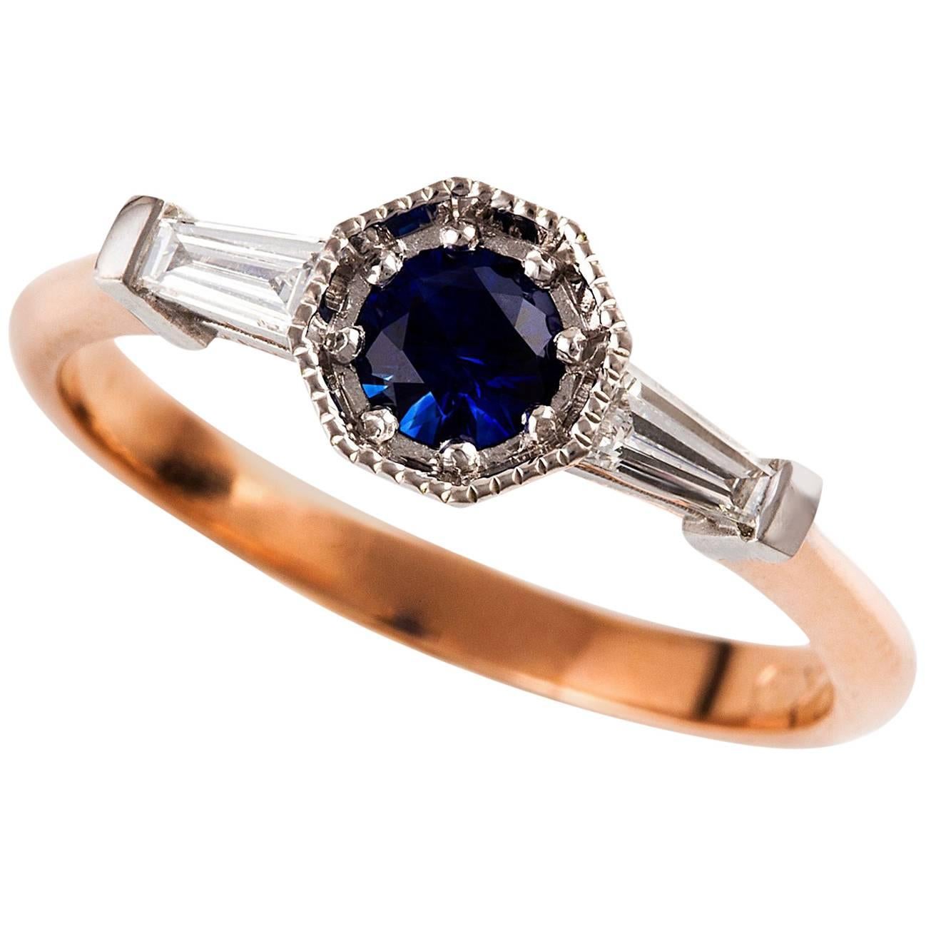 Kian Design 18 Carat Two-Tone Ceylon Sapphire Diamond Art Deco Style Ring For Sale