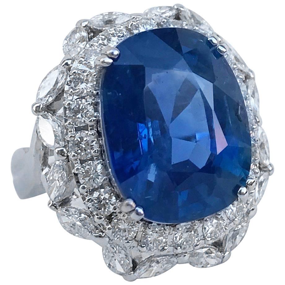 14.13 Carat Unheated Burmese Natural Blue Sapphire Diamond Ring For Sale