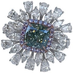 GIA Certified 2.0 Carat Green Yellow Cushion Diamond Ring