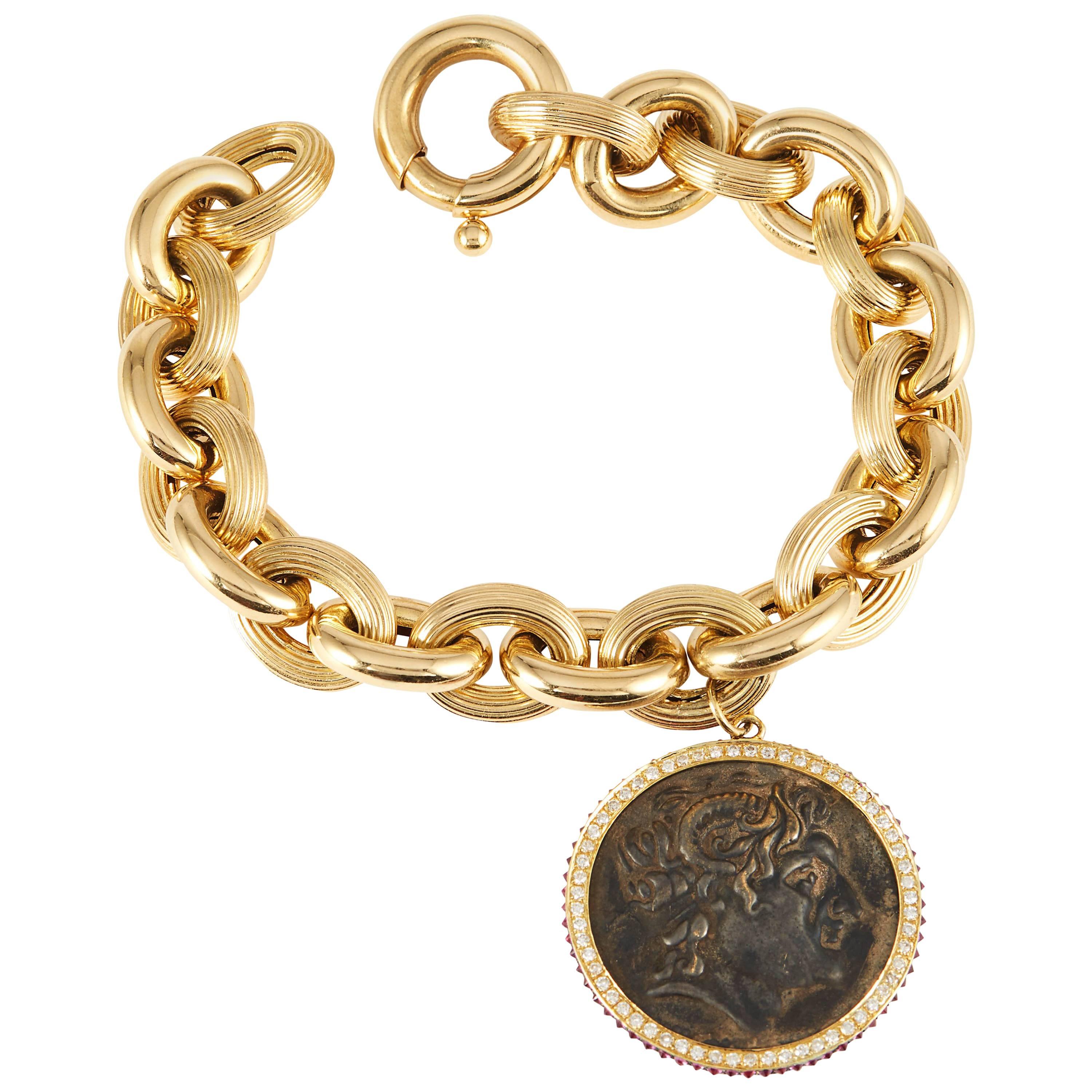SAM.SAAB Roman Coin Bracelet and Yellow Gold Chain For Sale