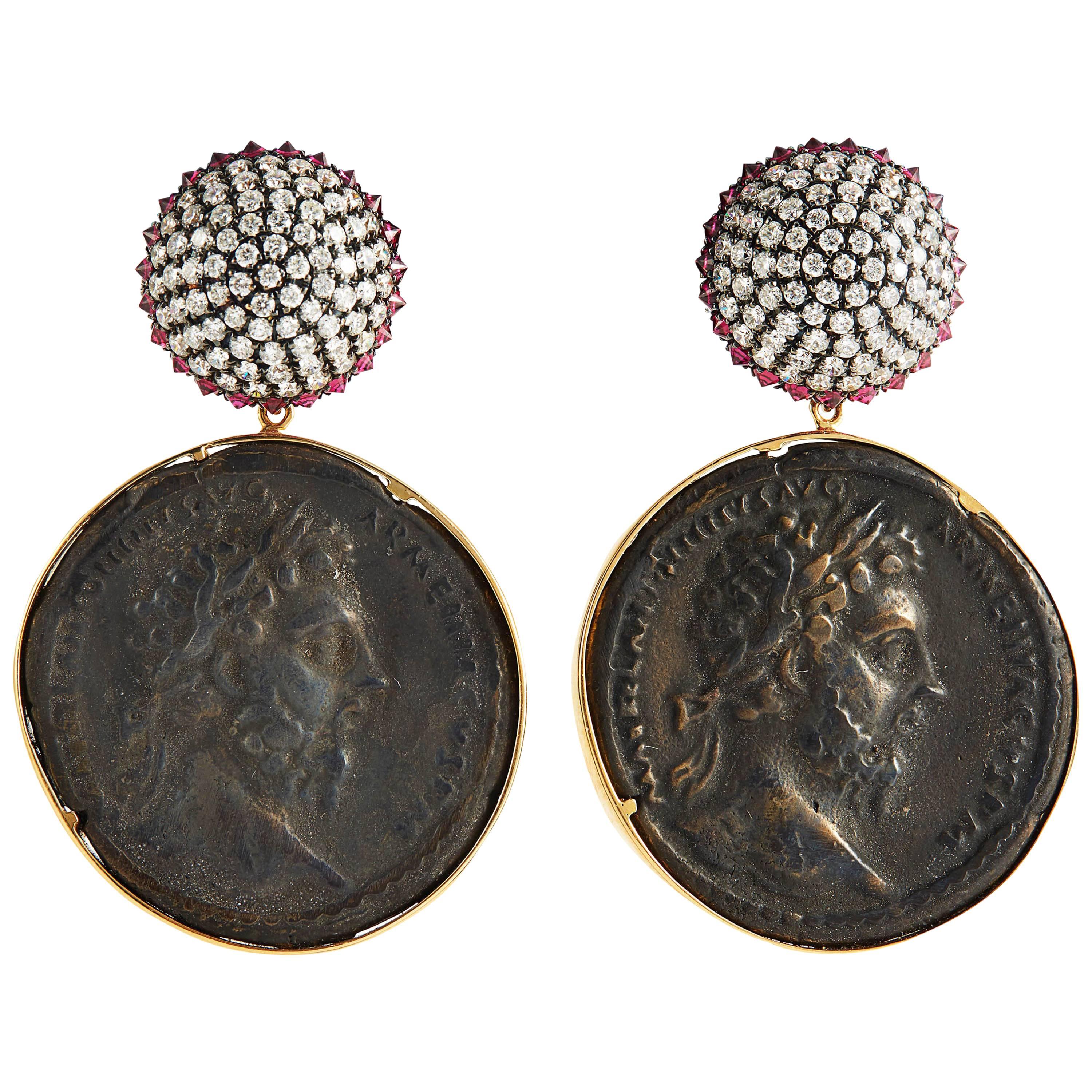 SAM.SAAB Roman Coin and White Diamond Yellow Gold Earrings For Sale