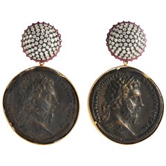 Antique SAM.SAAB Roman Coin and White Diamond Yellow Gold Earrings