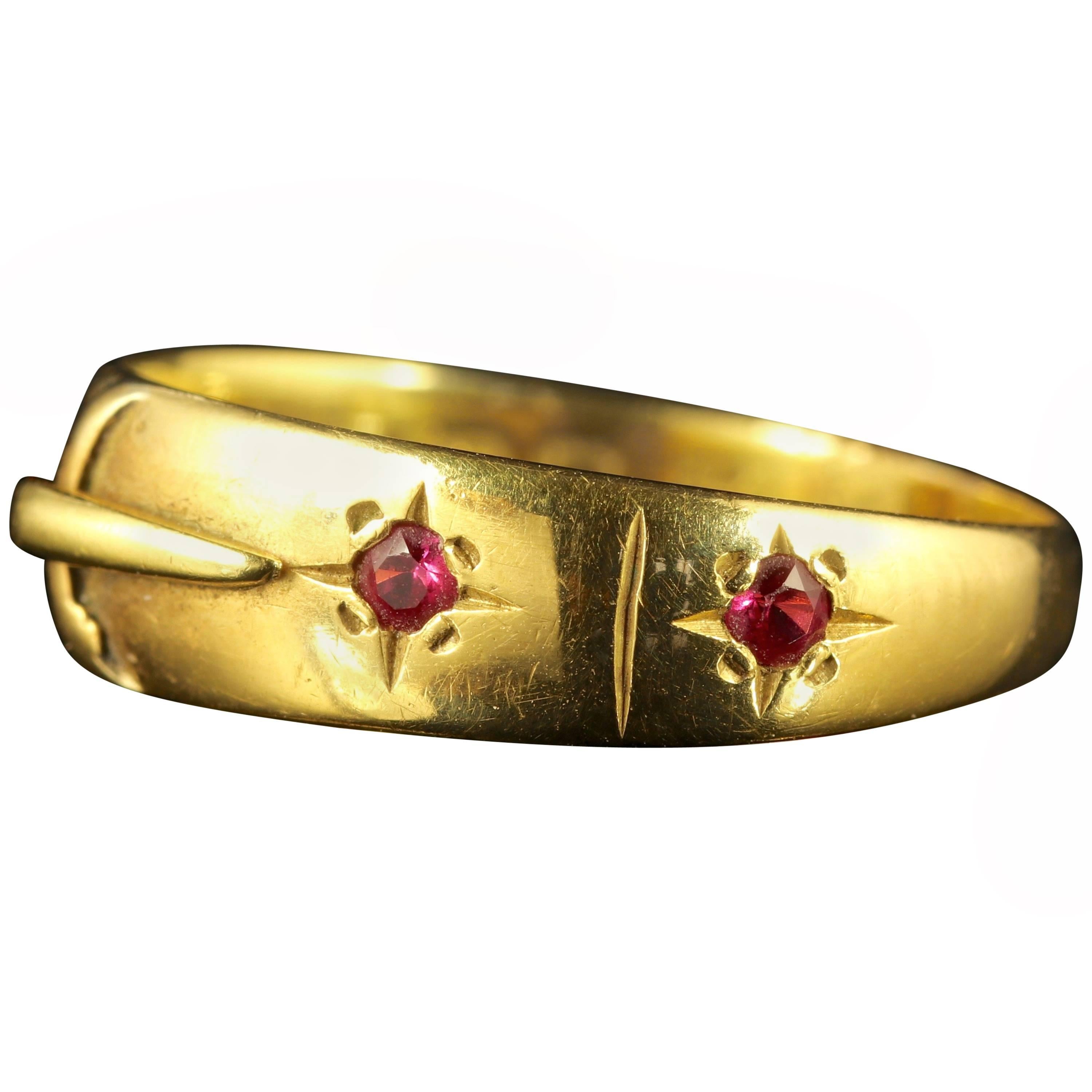 Antique Edwardian 18 Carat Yellow Gold Ruby Buckle Ring