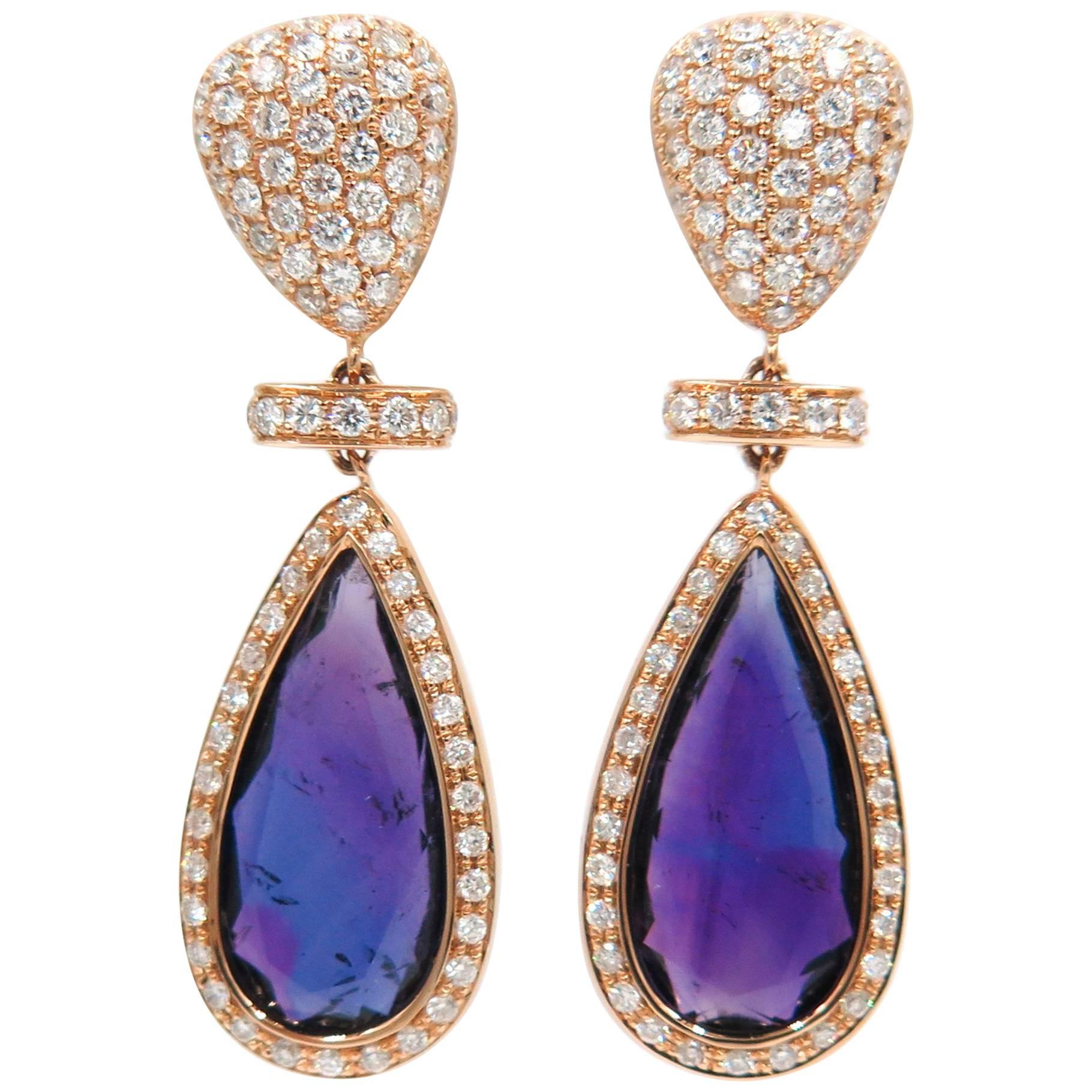 Amethyst and Diamond Rose Gold Drop Earrings by Monseo