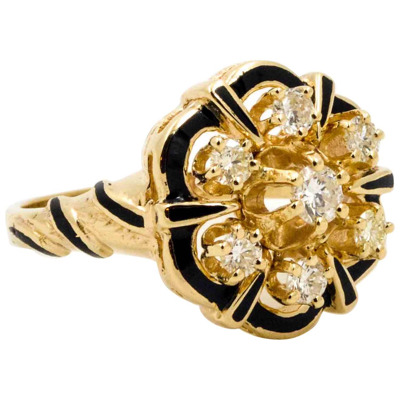 Diamond and Enamel 14 Karat Yellow Gold Ring
