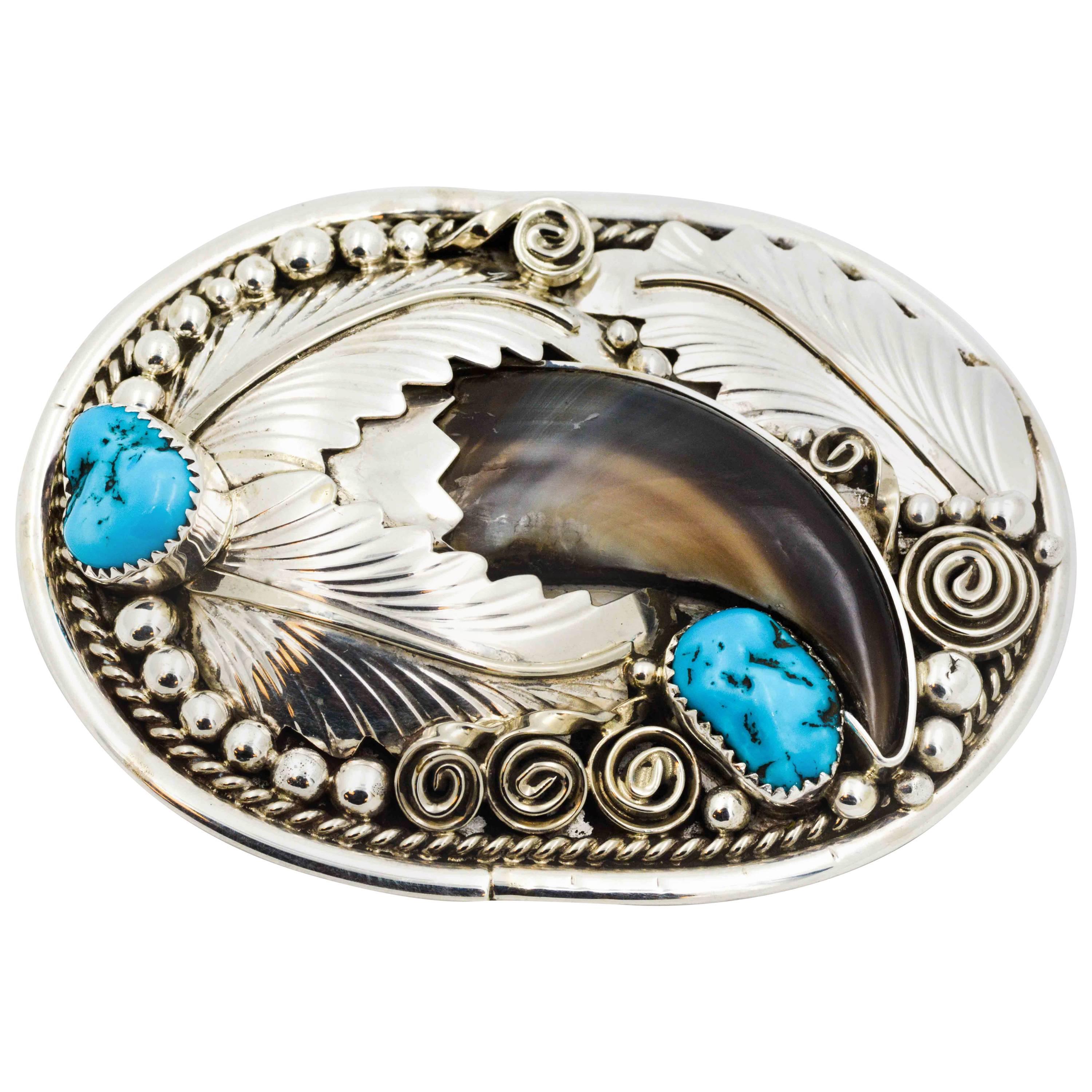 Native American Sterling Silver Turquoise and Bear Claw Belt Buckle