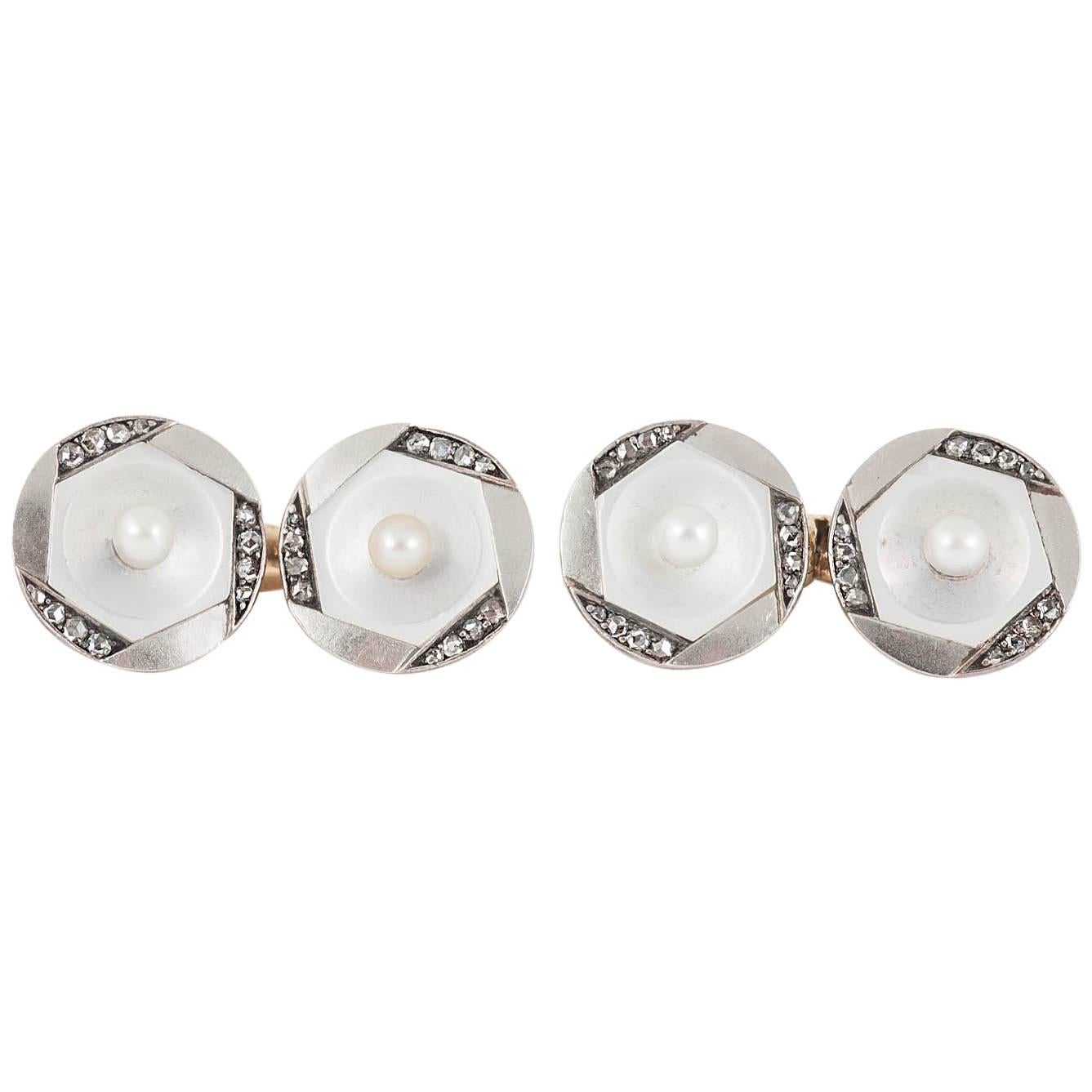  Austrian Diamond, Mother-of-Pearl, Natural Pearl Cufflinks, c, 1900 For Sale