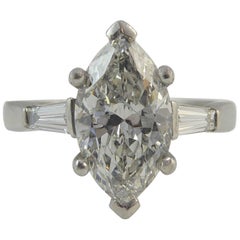 1.73 Carat Marquise Diamond Ring, Tapered Baguette Diamond Set Shoulders